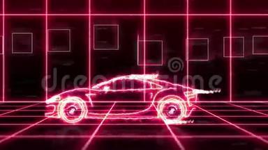 在未来城市背景<strong>场景</strong>中，用光束线框制作的一辆未来主义超级汽车的抽象<strong>动画</strong>